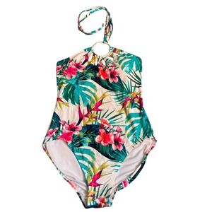 Vince Camuto Women's Floral One Piece Halter Ring Swimsuit Size 10 Tropical